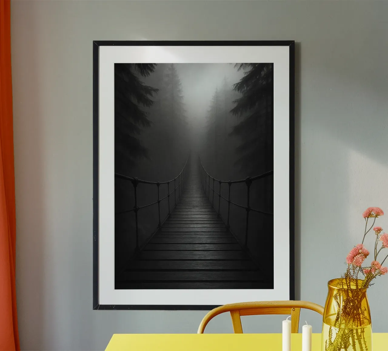 ponte di legno nella foresta fotografia in bianco e nero poster da roosses