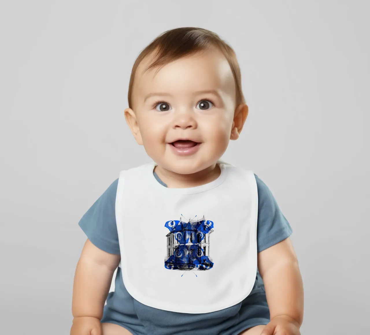 Vecchia casa e farfalla blu bavaglino da morphinaeblue