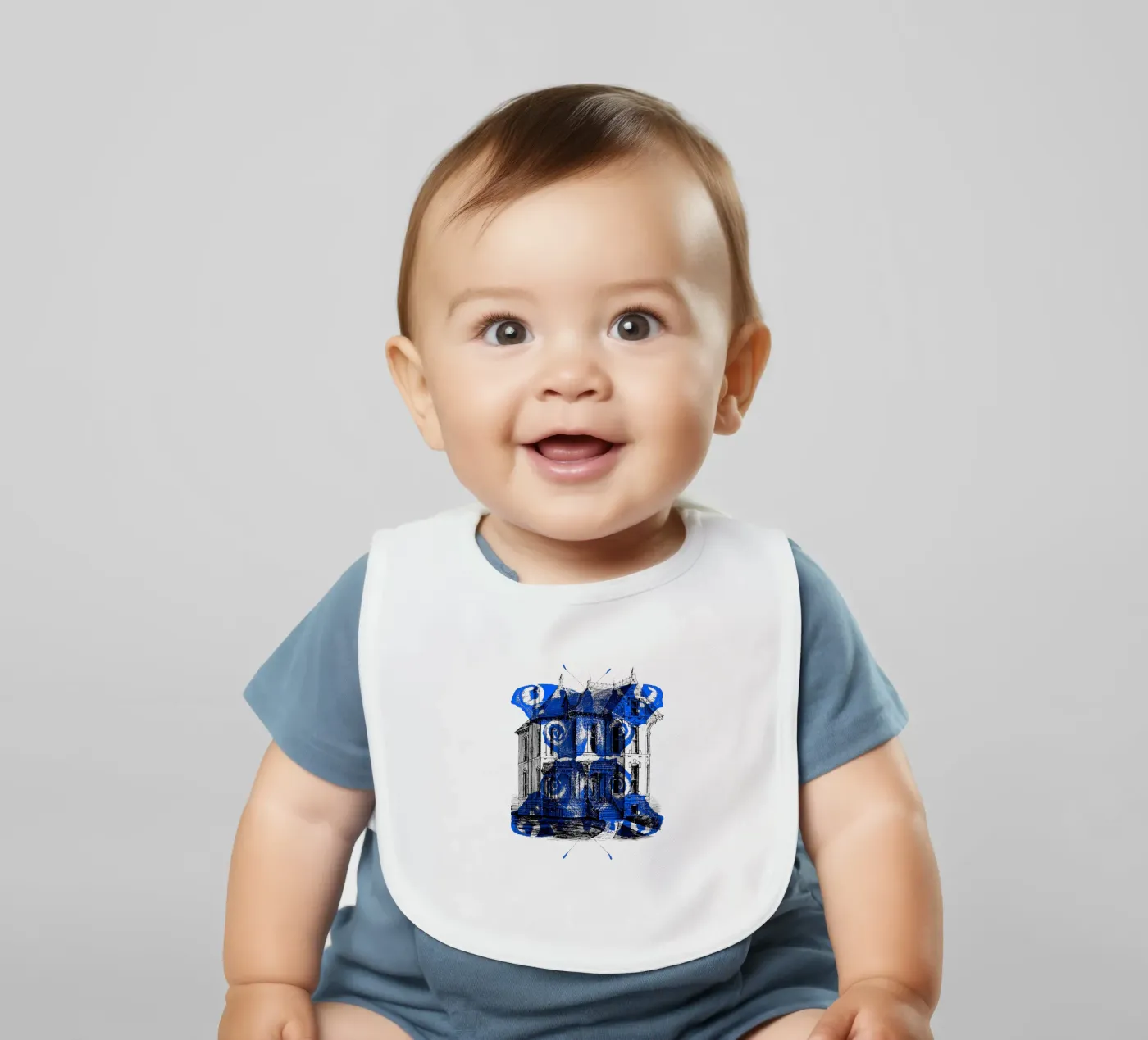 Vecchia casa e farfalla blu bavaglino da morphinaeblue