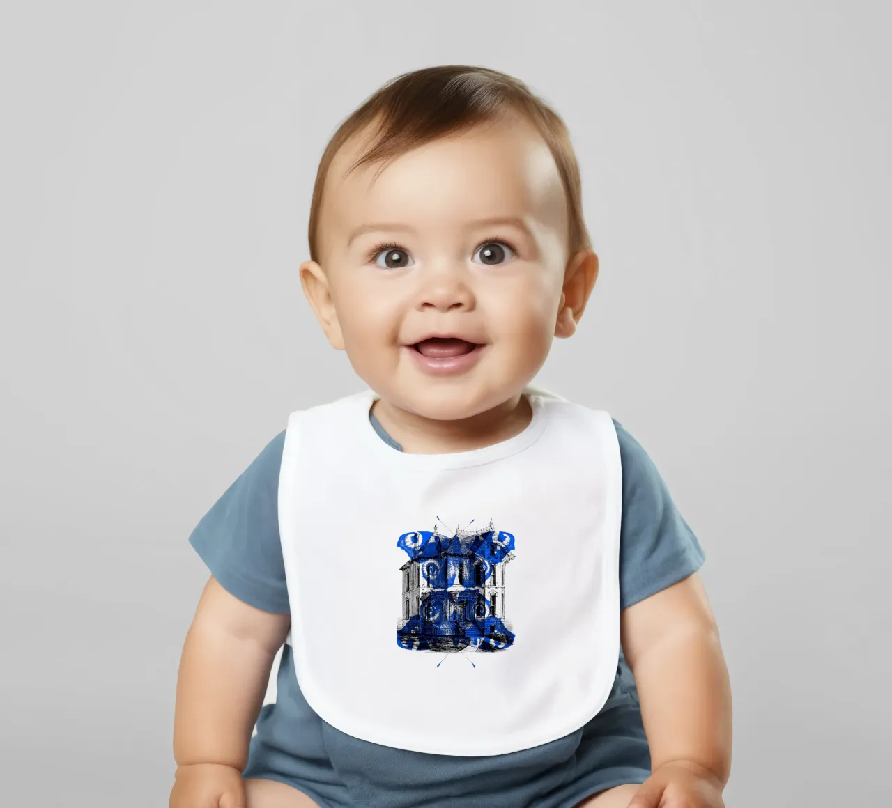 Vecchia casa e farfalla blu bavaglino da morphinaeblue