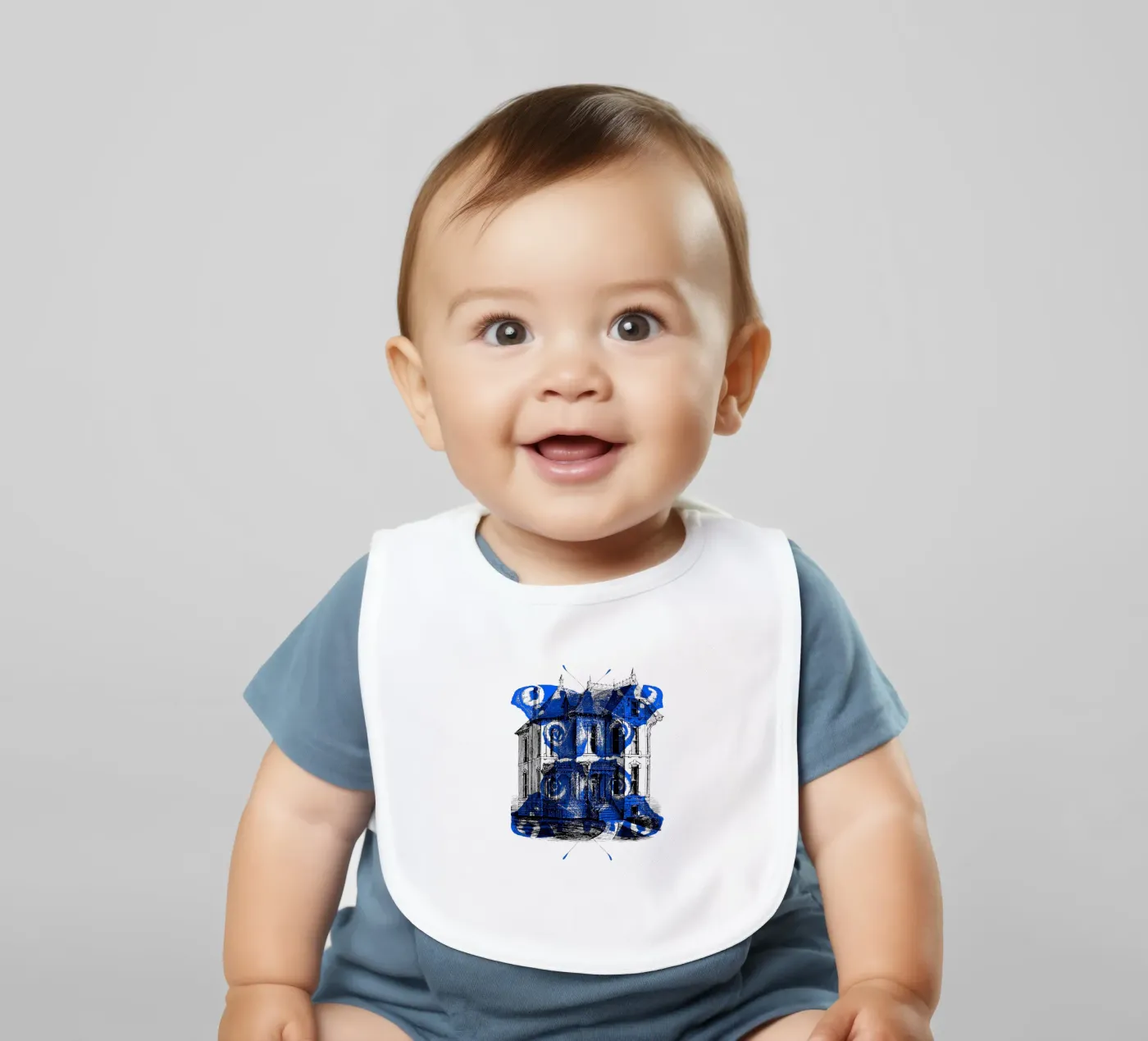 Vecchia casa e farfalla blu bavaglino da morphinaeblue