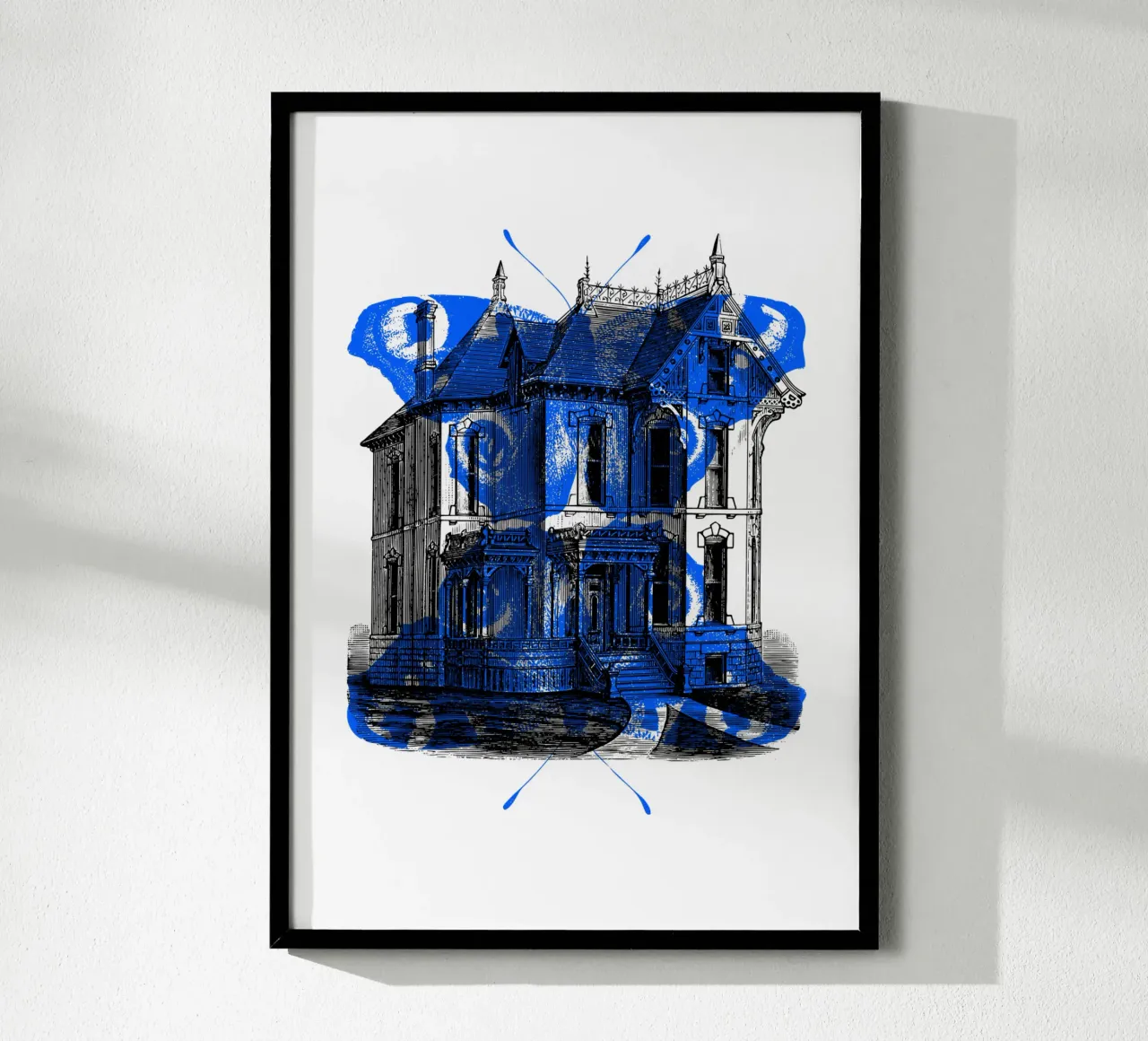 Vecchia casa e farfalla blu poster da morphinaeblue