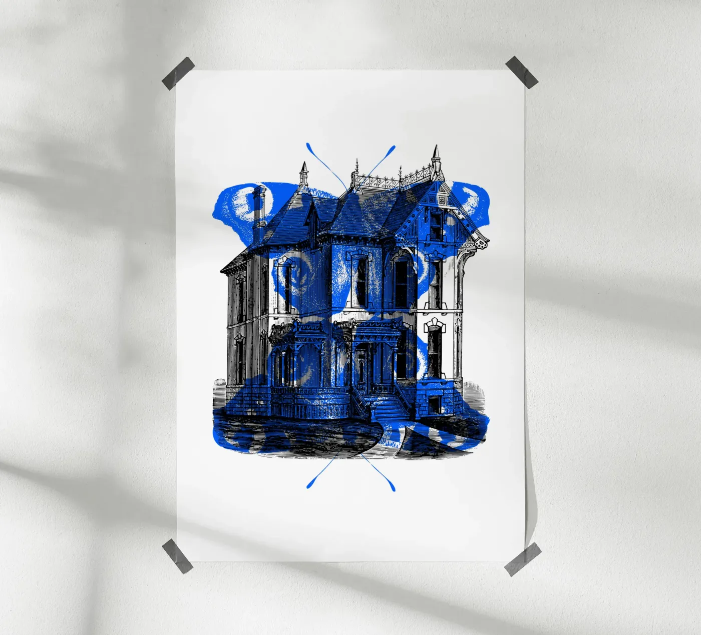 Oud huis en blauwe vlinder poster van morphinaeblue