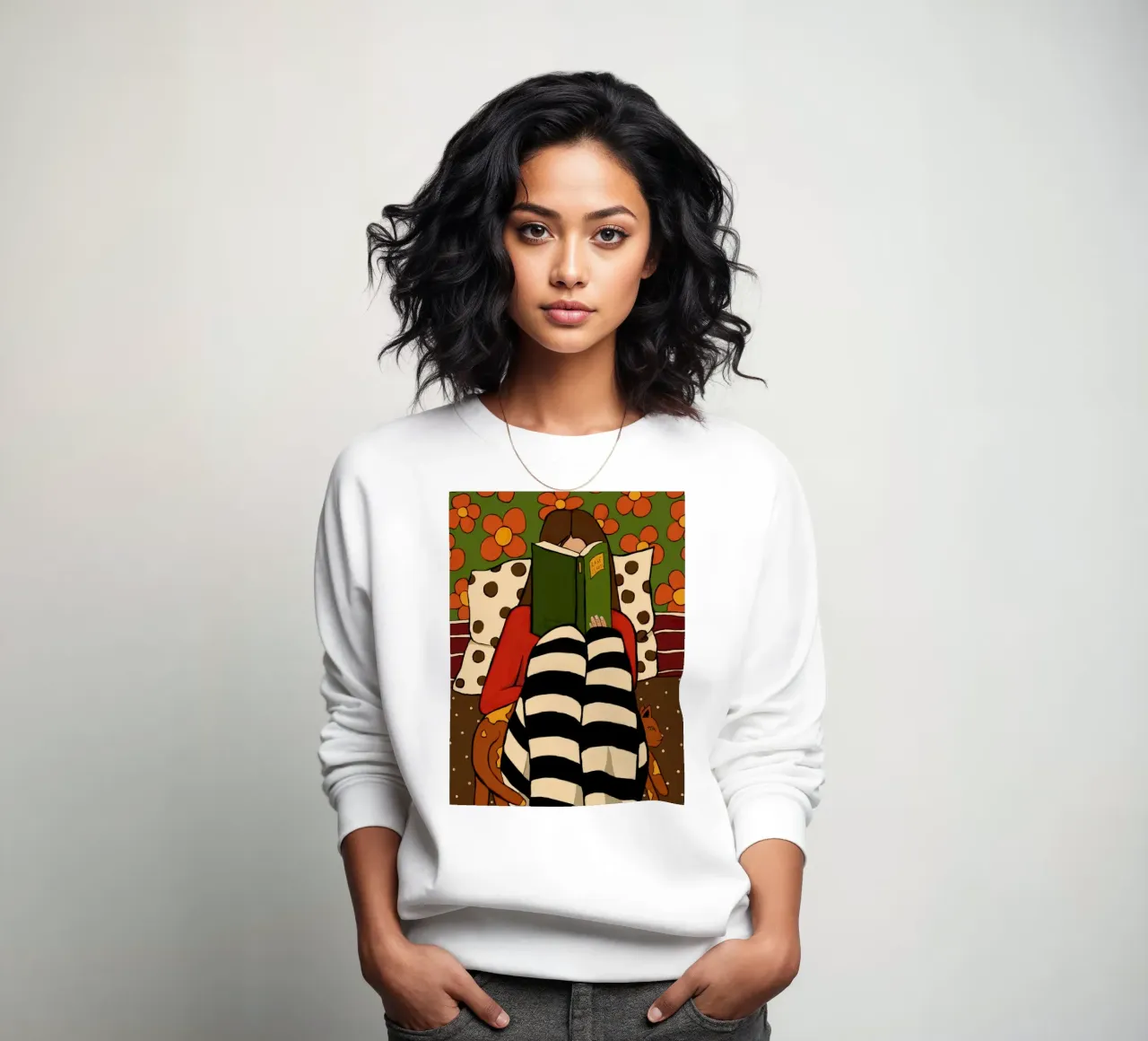 Cozy reading and a ginger cat Sweatshirt von TijanaArtStudio88