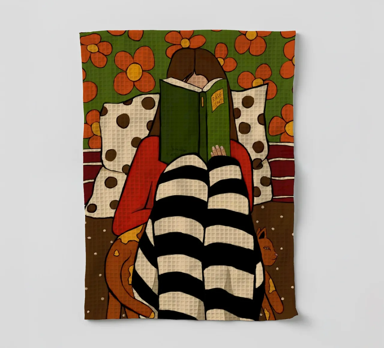 Cozy reading and a ginger cat Geschirrtuch von TijanaArtStudio88