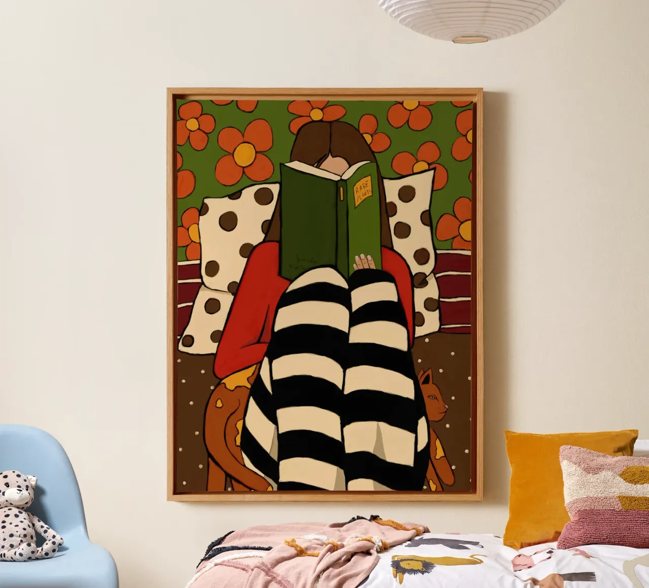 Cozy reading and a ginger cat Leinwand mit Schattenfugenrahmen von TijanaArtStudio88