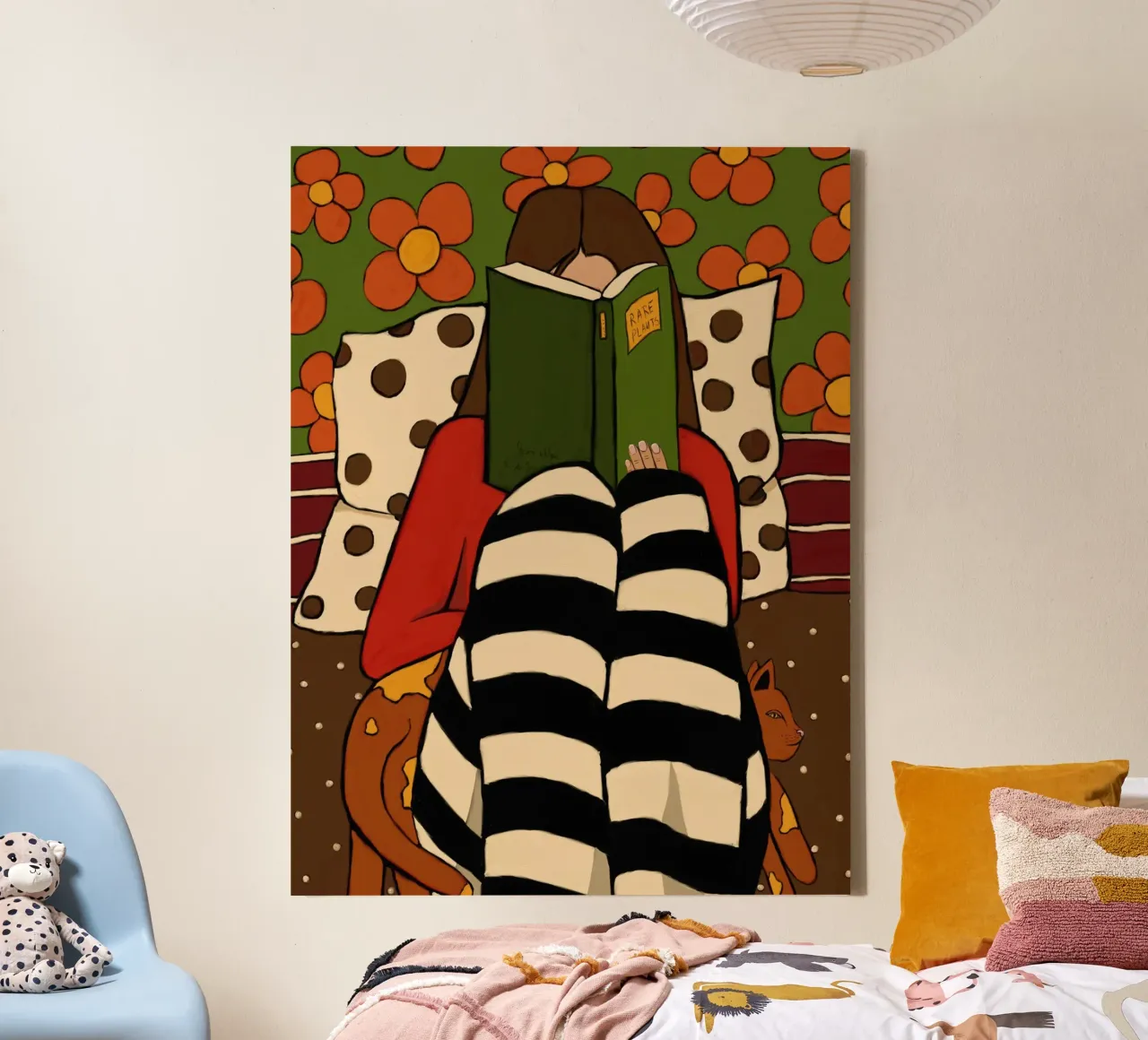 Cozy reading and a ginger cat Leinwand mit Schattenfugenrahmen von TijanaArtStudio88