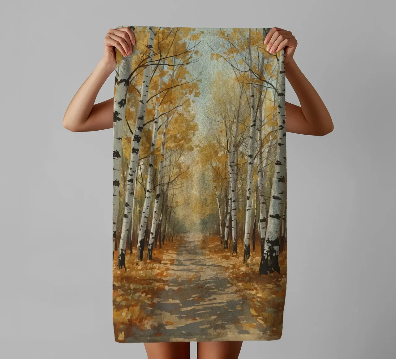 Birch Forest Path in Autumn towel by DesignDoodle