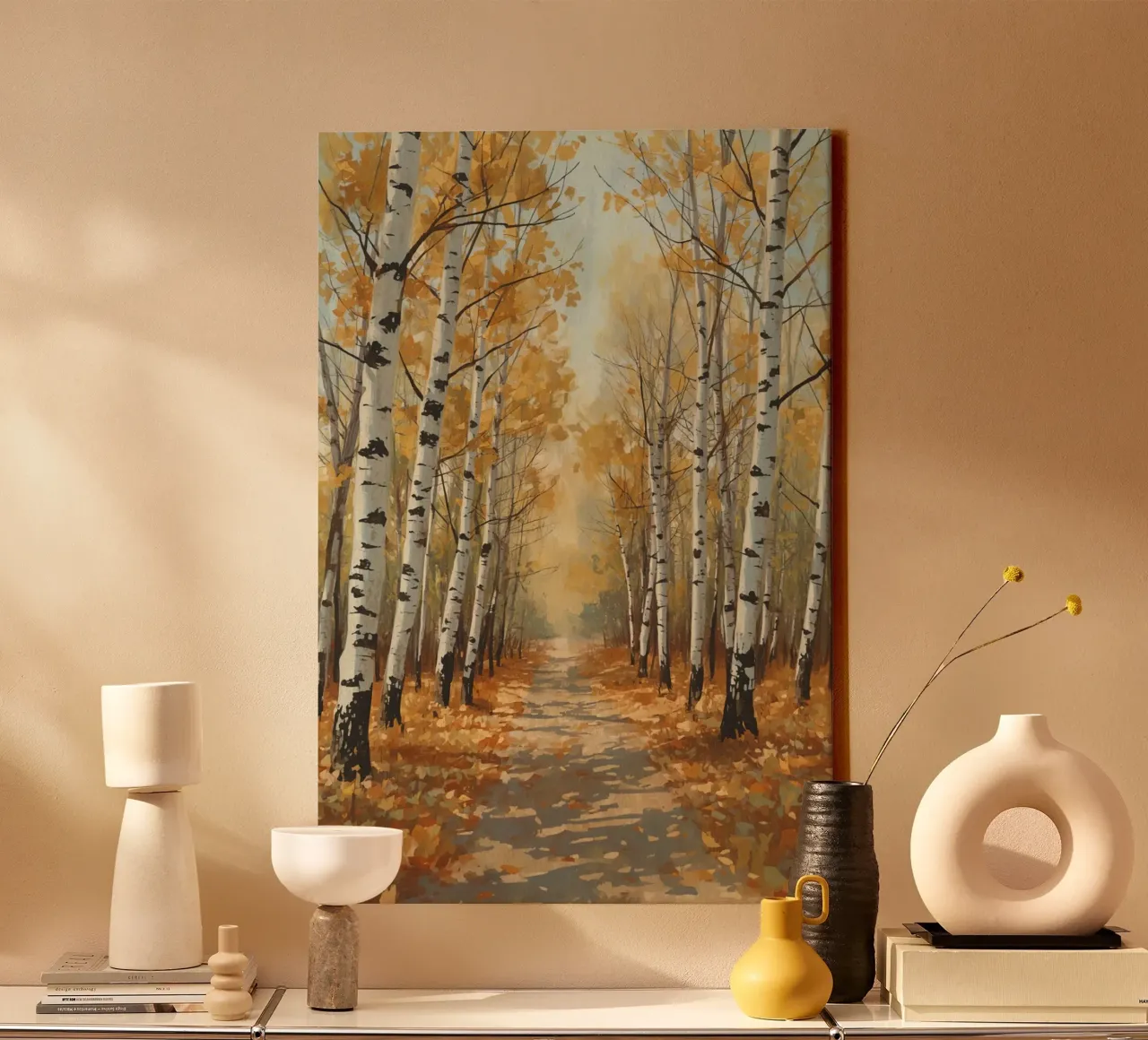 Berkenbospad in de herfst canvas met Baklijst van DesignDoodle