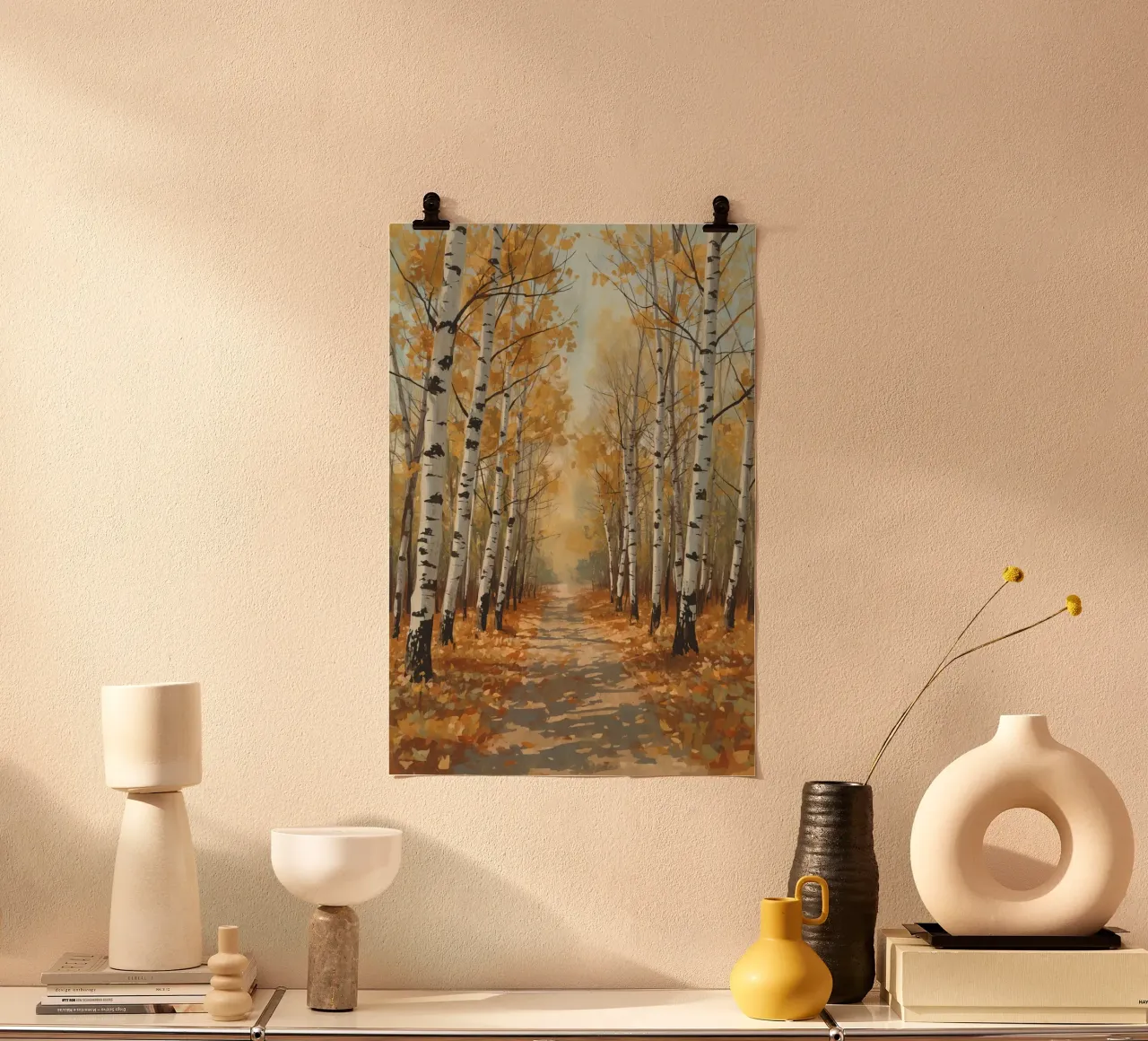 Il sentiero della foresta di betulle in autunno poster con telaio in alluminio da DesignDoodle