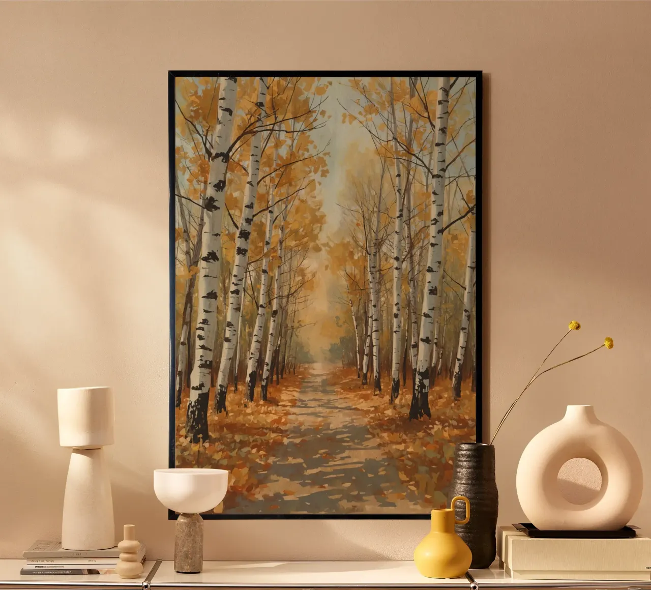 Il sentiero della foresta di betulle in autunno poster con telaio in alluminio da DesignDoodle