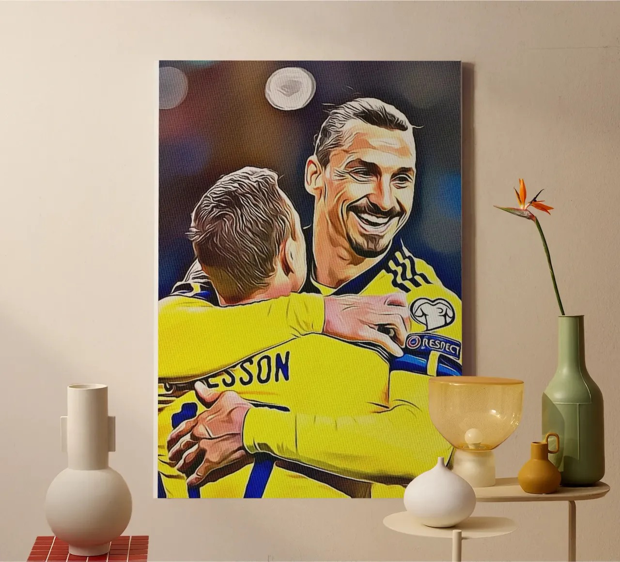 Zlatan Ibrahimović Celebrazione della squadra abbraccia la maglia gialla Po tela con Cornice a cassetta da ArdanART