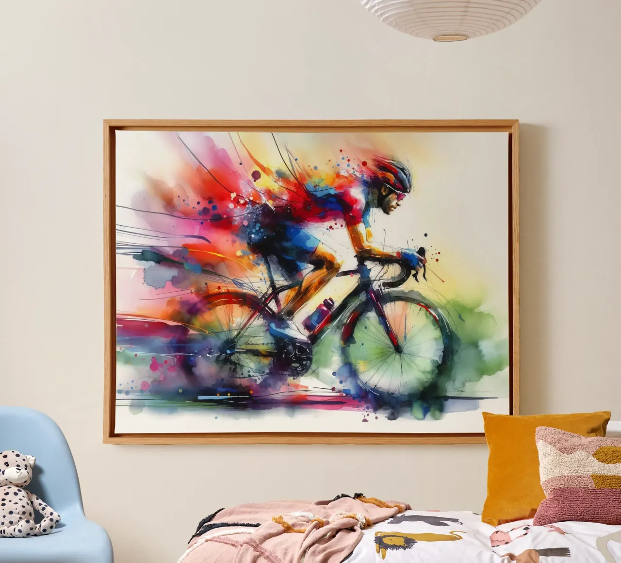 Radfahrer in Aquarell Leinwand mit Schattenfugenrahmen von 🥝 KIWI STORE
