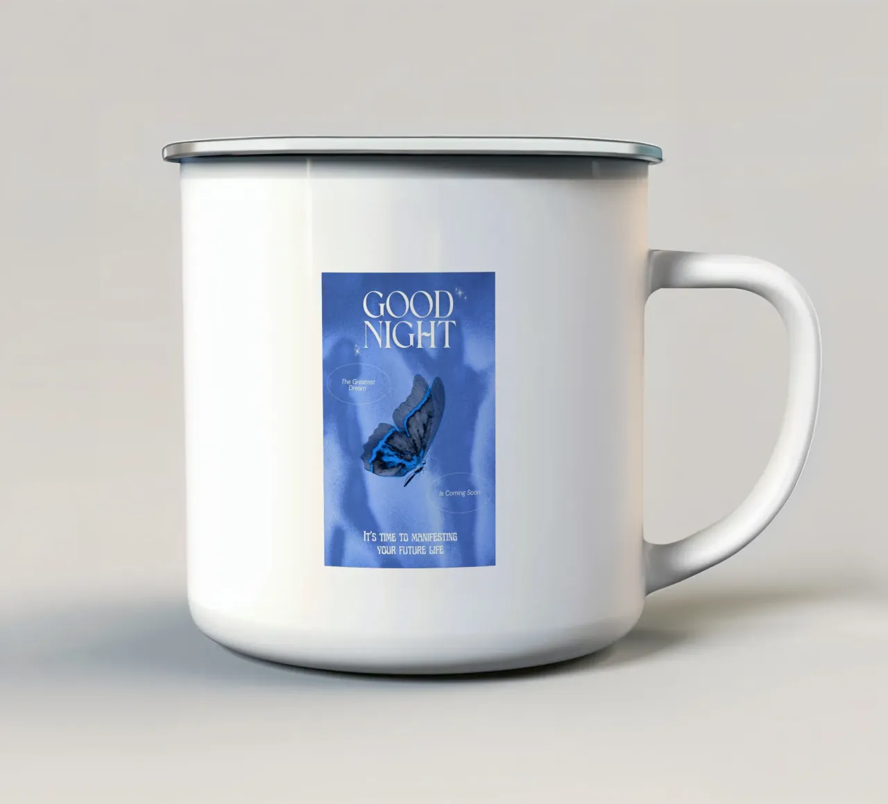 Poster di design per la buona notte con farfalla blu tazza in smalto da morphinaeblue