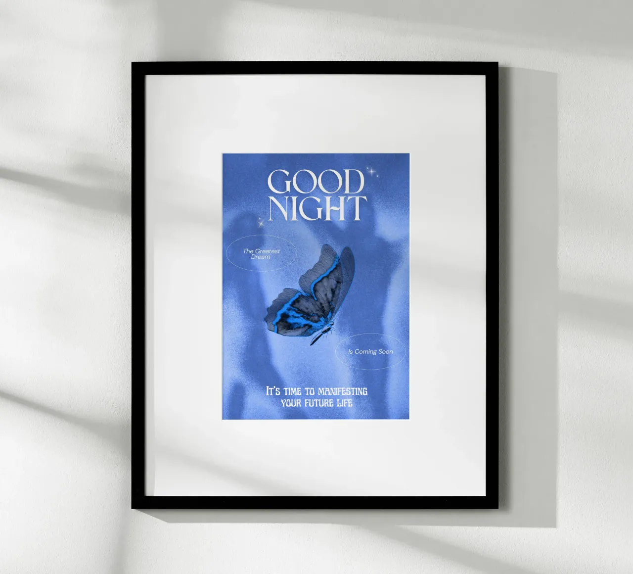 Poster di design per la buona notte con farfalla blu poster con telaio in legno da morphinaeblue