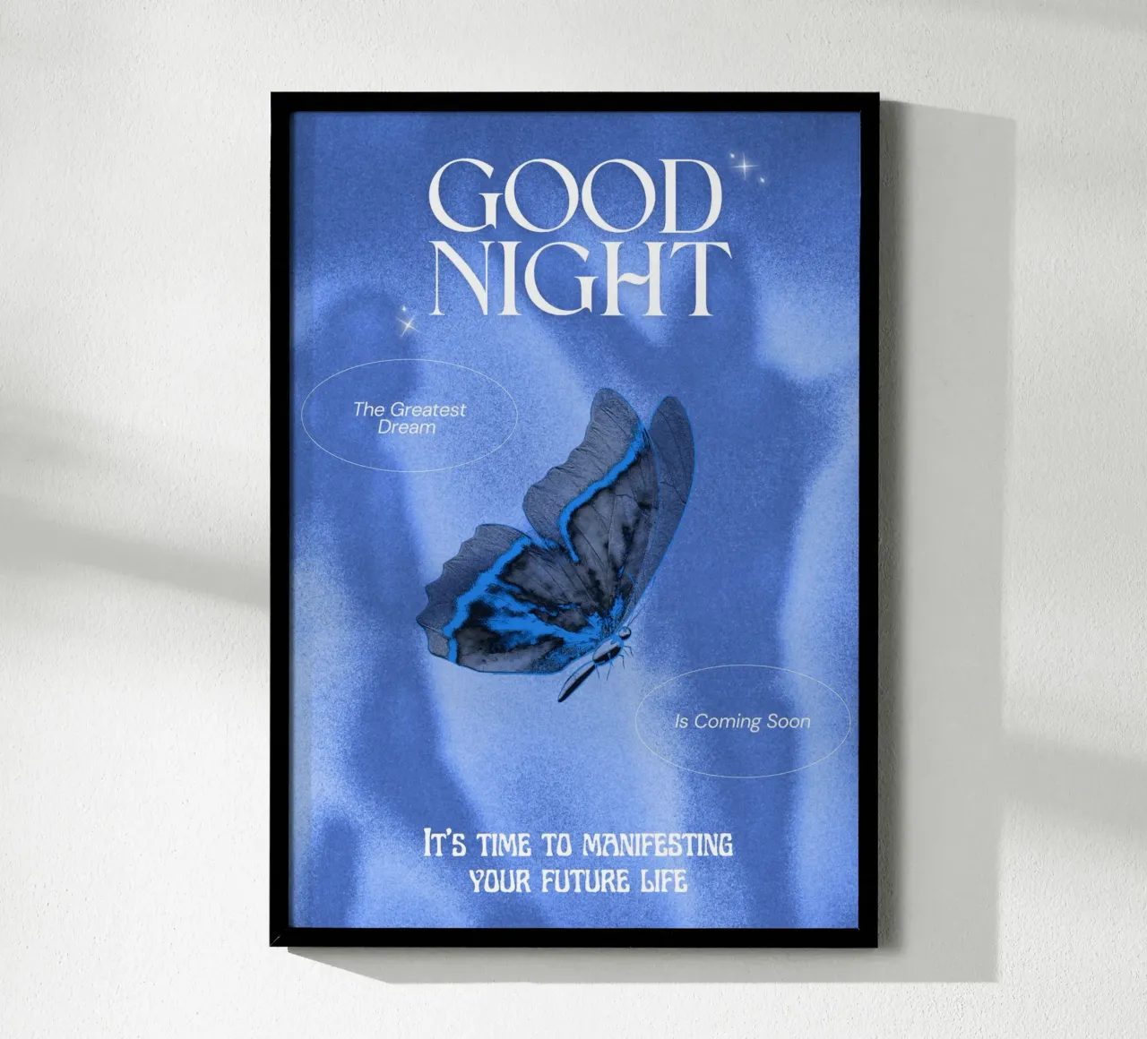 Poster di design per la buona notte con farfalla blu poster con telaio in legno da morphinaeblue