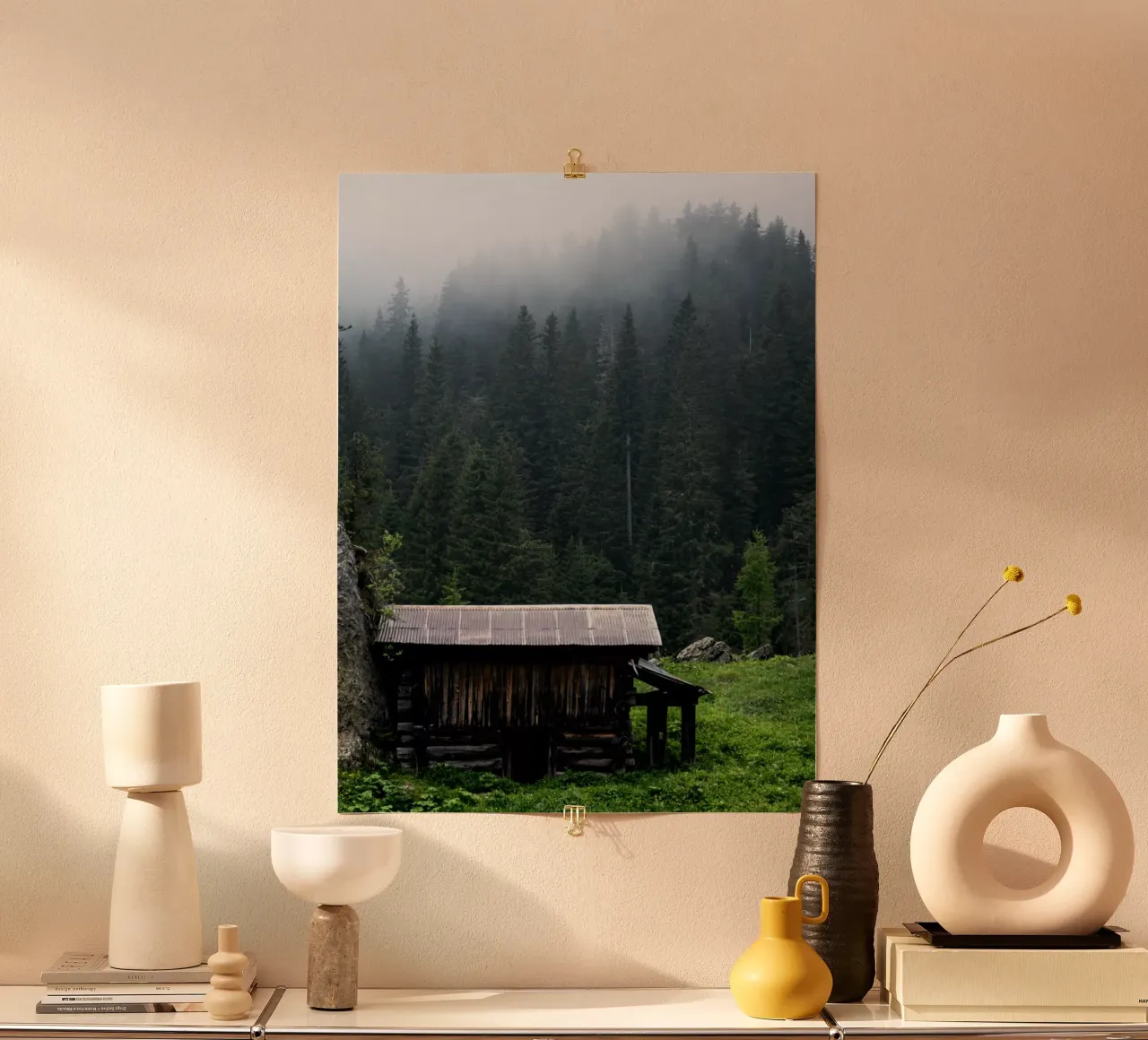 misty mountains with wooden house poster by karijn_landscapes