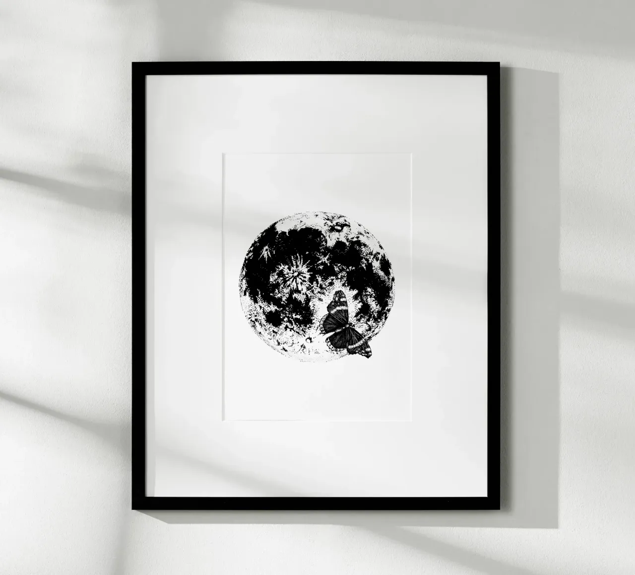Illustrazione di luna e farfalle in bianco e nero poster da morphinaeblue