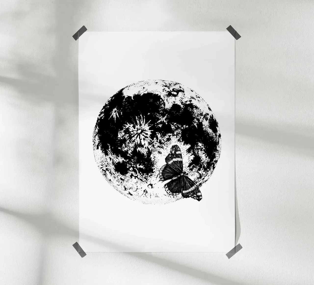 Illustrazione di luna e farfalle in bianco e nero poster da morphinaeblue