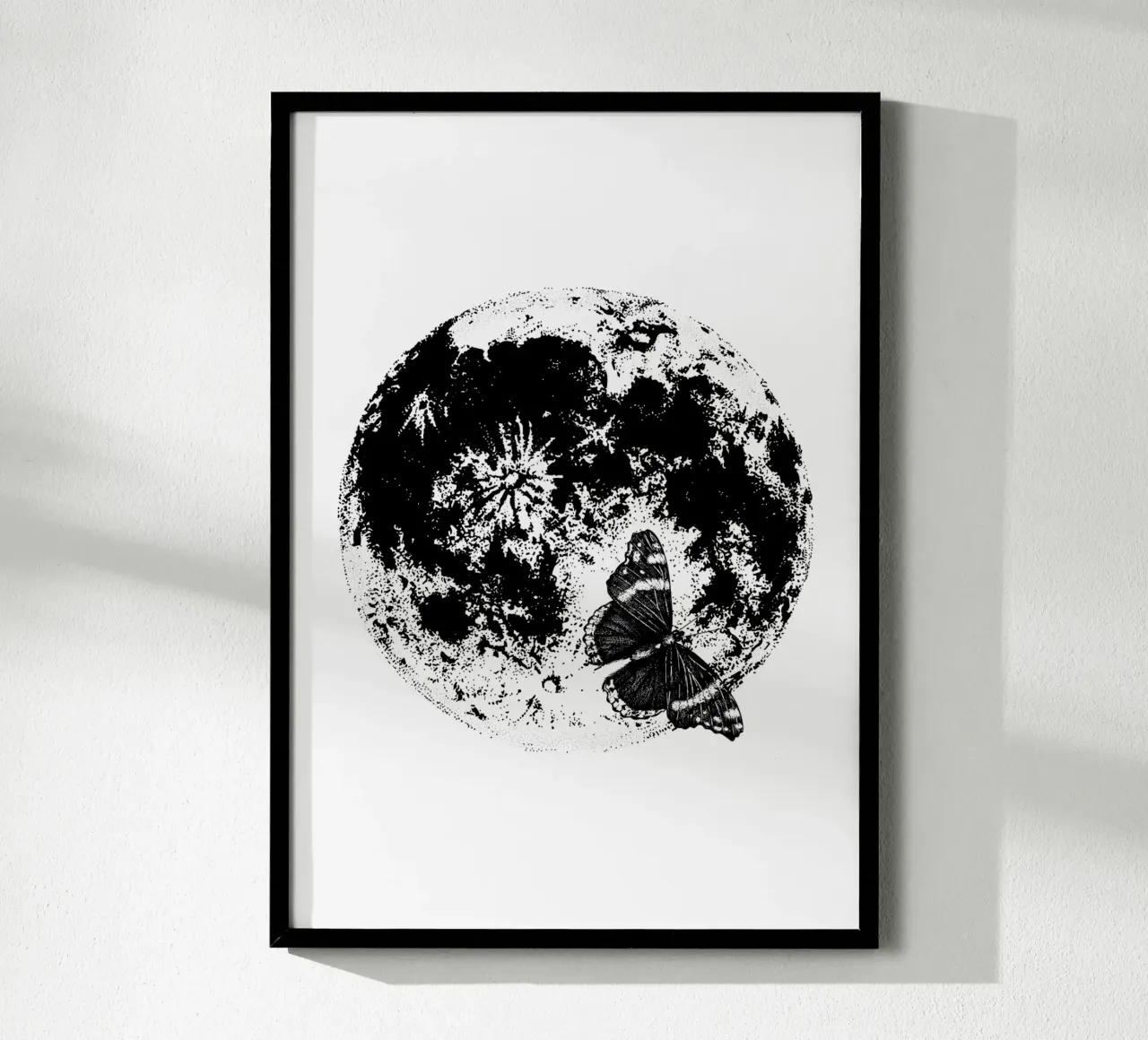 Illustrazione di luna e farfalle in bianco e nero poster da morphinaeblue
