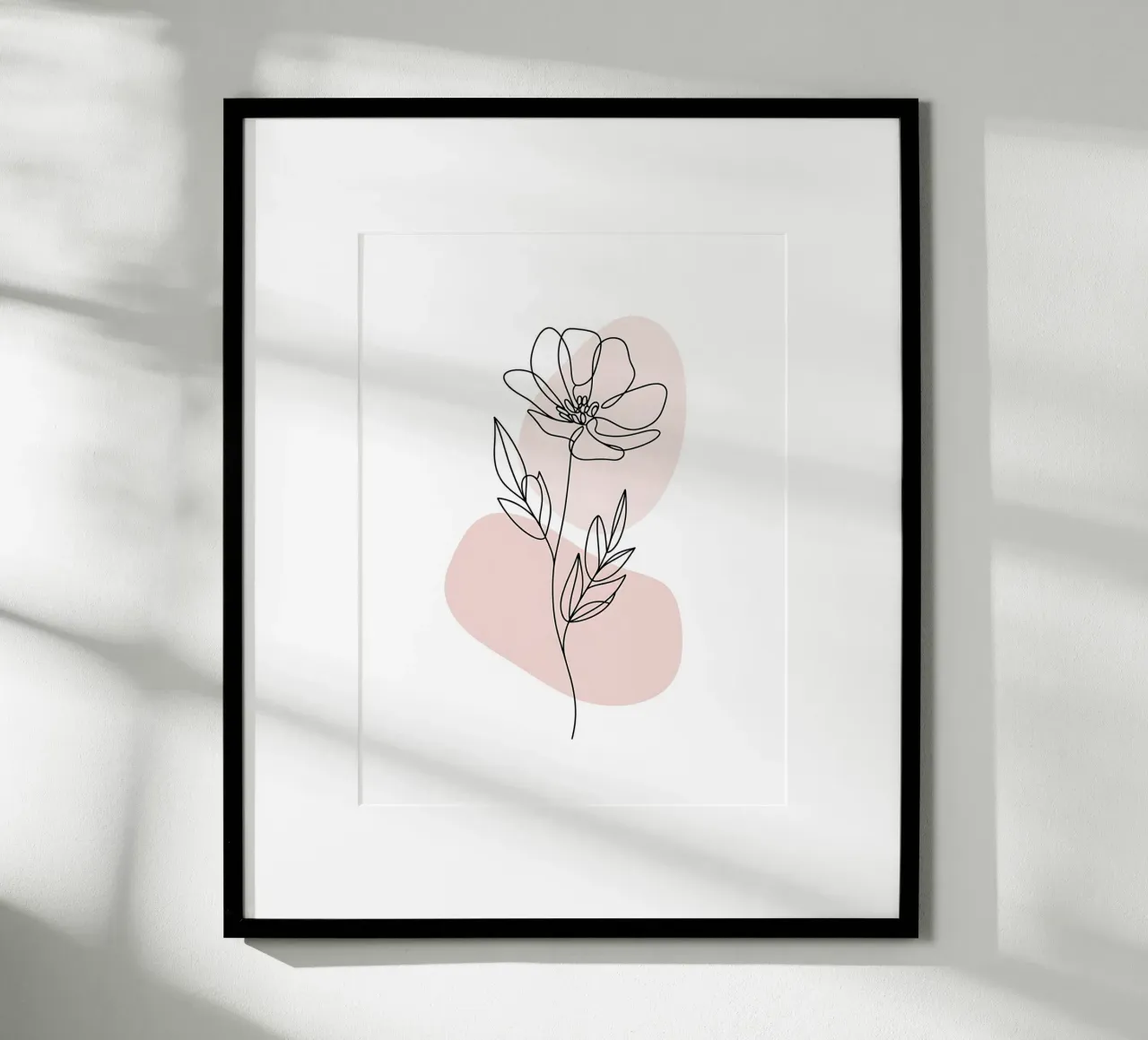 Fiore minimalista in linea continua e forme rosa poster con telaio in legno da Plain Thoughts