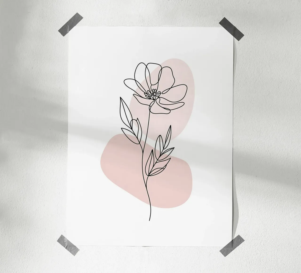 Fiore minimalista in linea continua e forme rosa poster con telaio in legno da Plain Thoughts