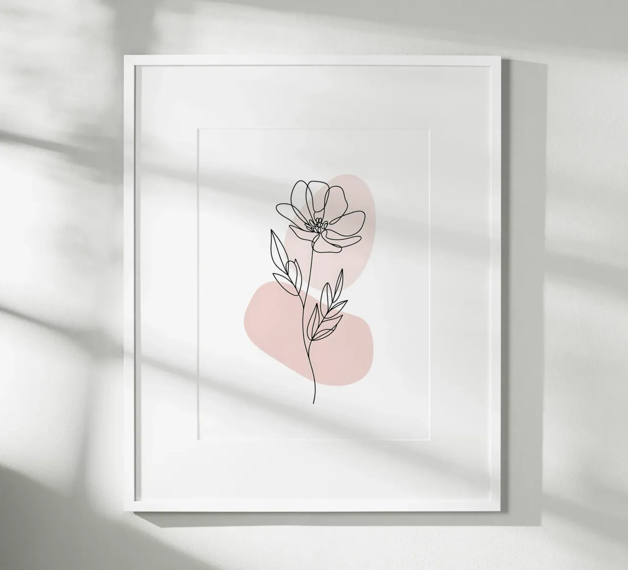 Fiore minimalista in linea continua e forme rosa poster con telaio in legno da Plain Thoughts