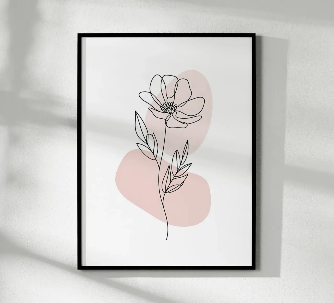 Fiore minimalista in linea continua e forme rosa poster con telaio in legno da Plain Thoughts
