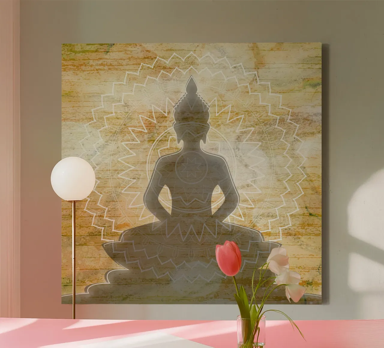 Mediterende Boeddha Silhouet canvas met Baklijst van Martina