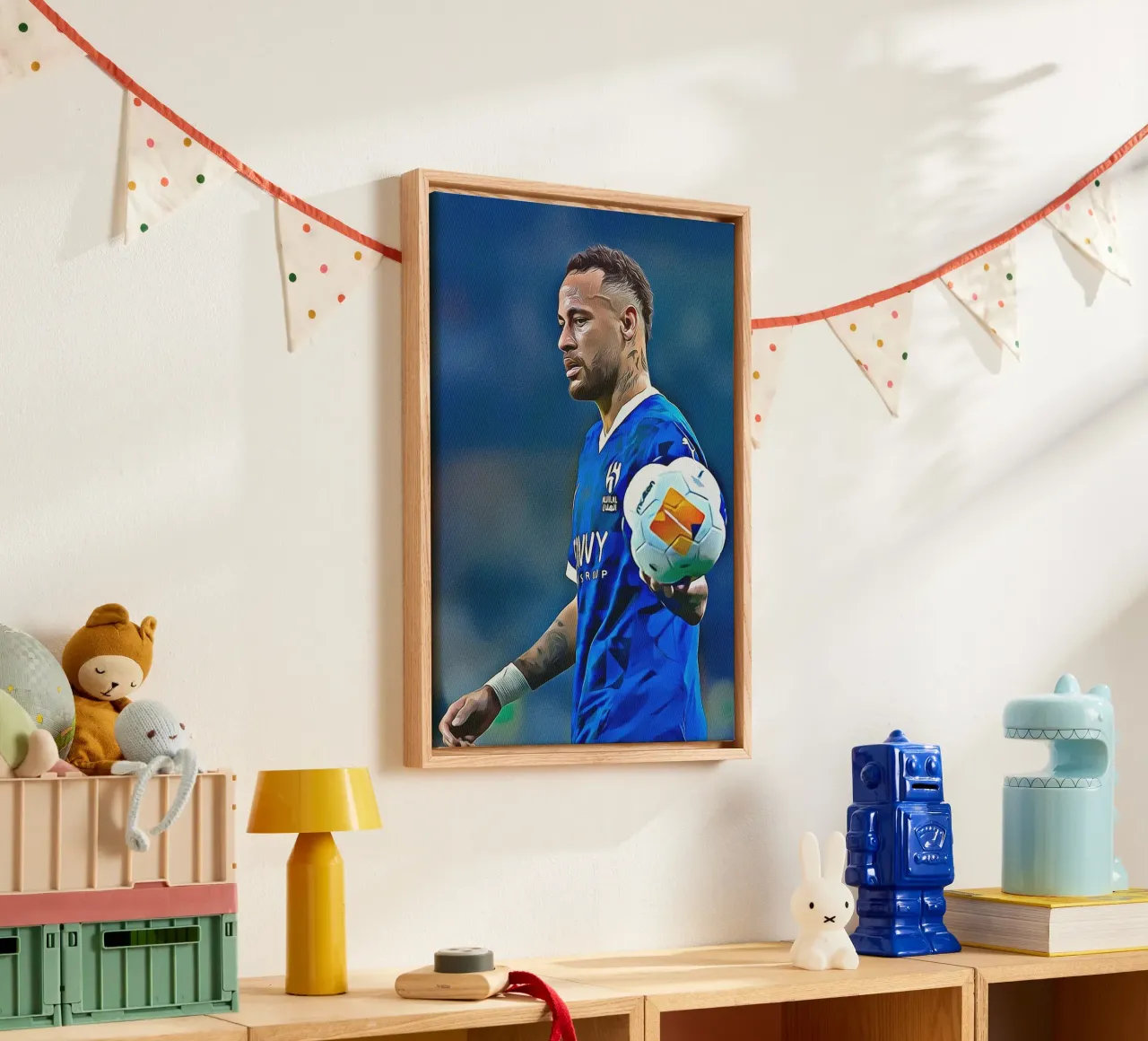 Neymar Jr Controllo di palla Maglia blu Poster d'arte digitale tela con Cornice a cassetta da ArdanART