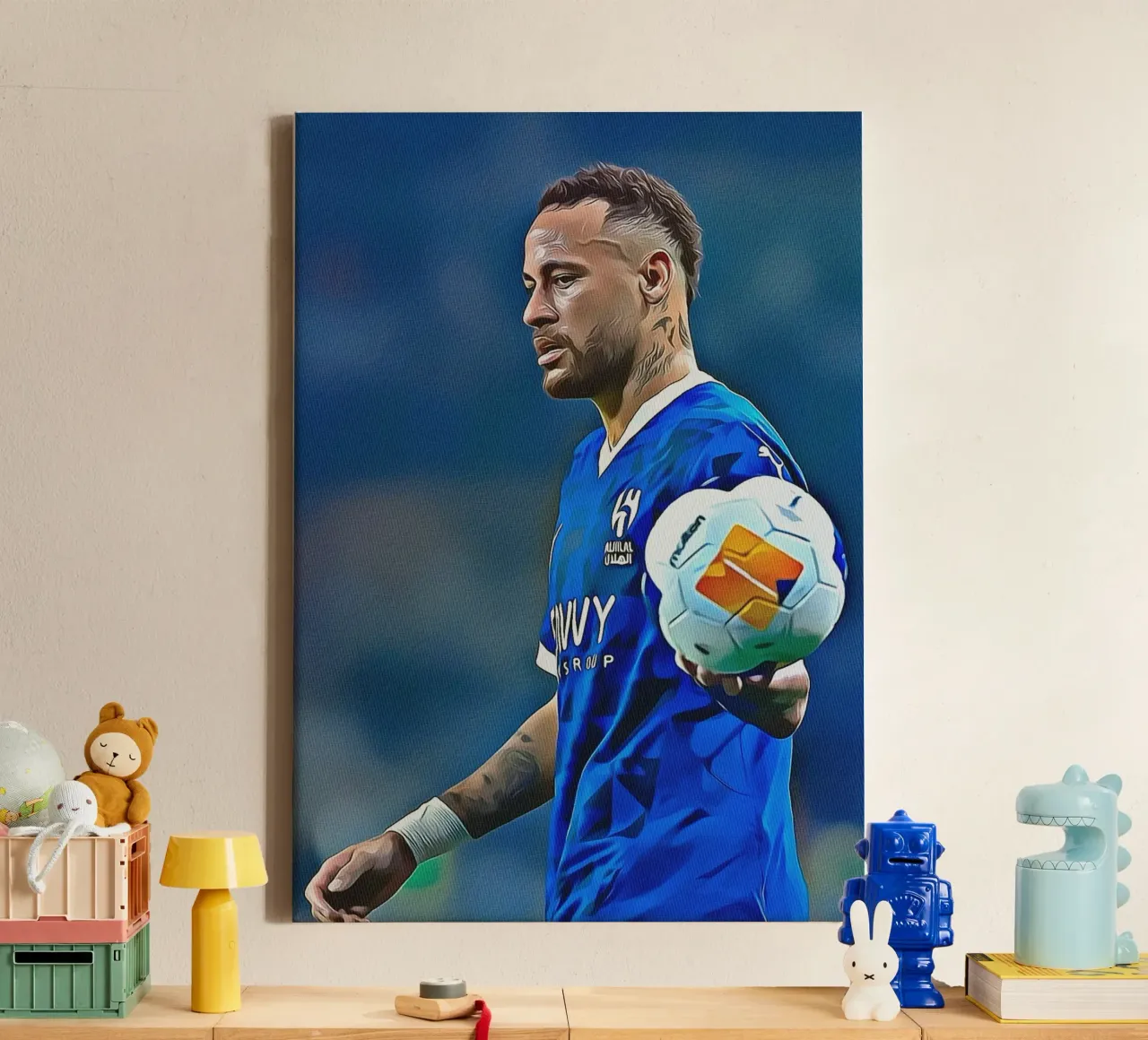 Neymar Jr Controllo di palla Maglia blu Poster d'arte digitale tela con Cornice a cassetta da ArdanART