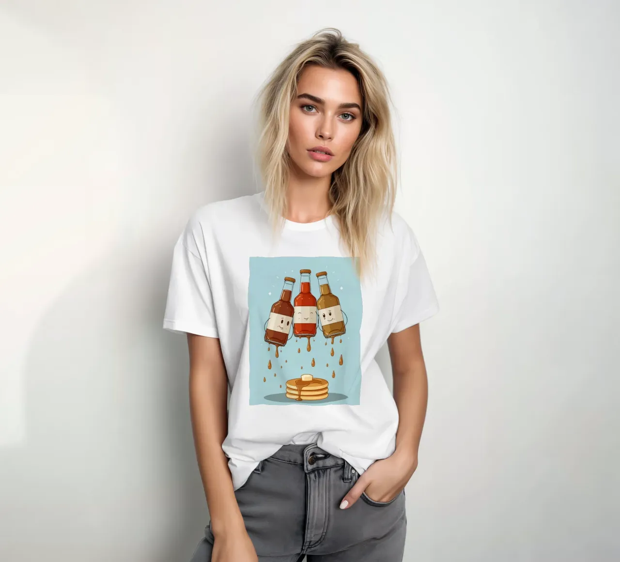 Simpatiche bottiglie che versano sciroppo sui pancake t-shirt da DesignDoodle