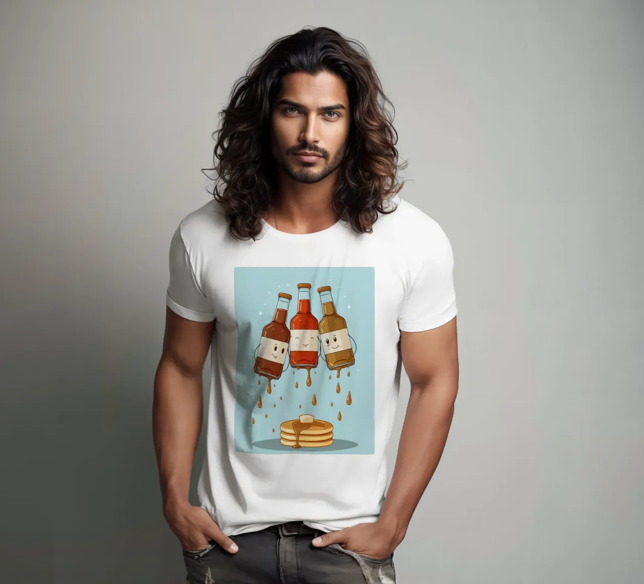 Simpatiche bottiglie che versano sciroppo sui pancake t-shirt da DesignDoodle