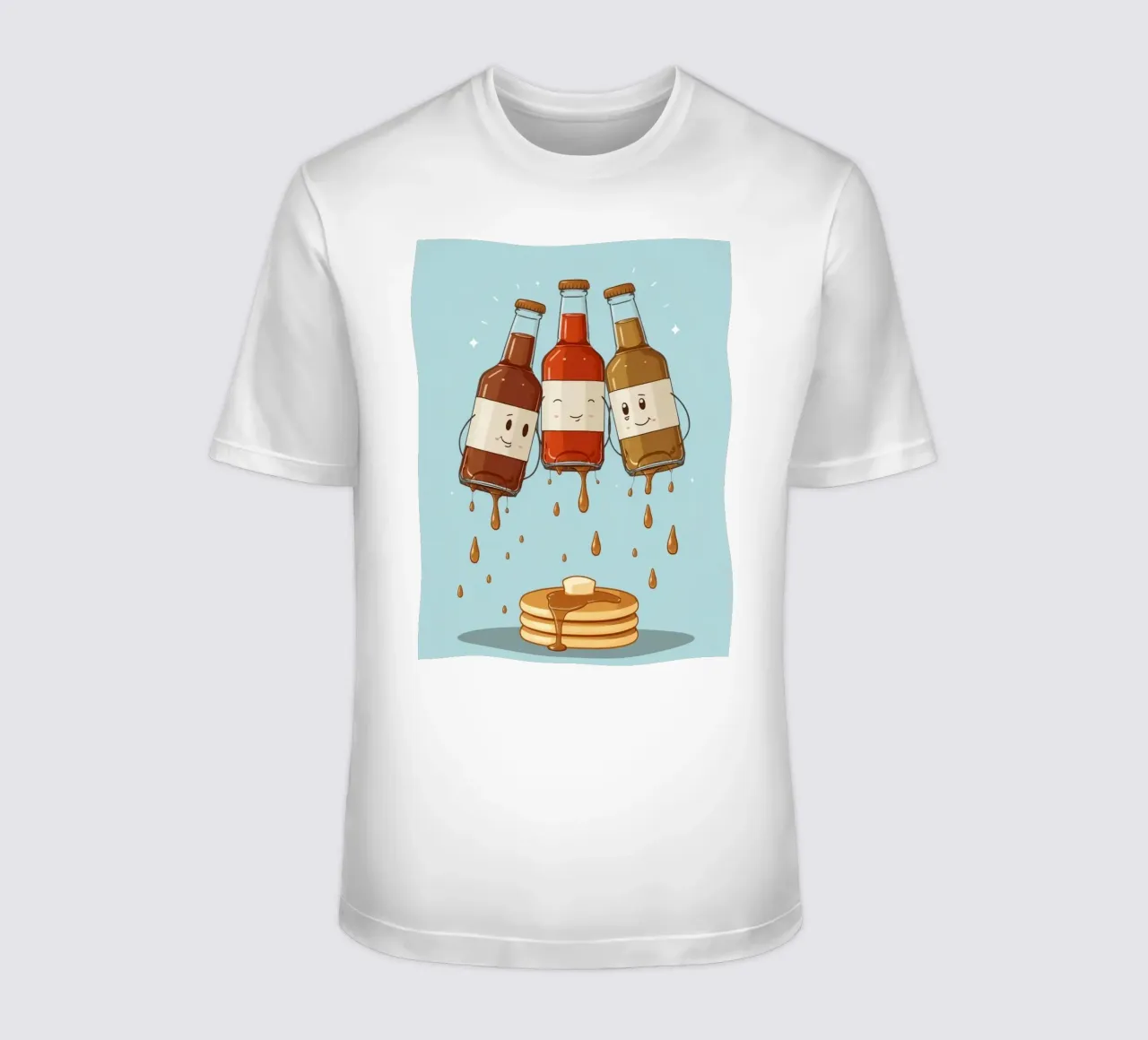 Simpatiche bottiglie che versano sciroppo sui pancake t-shirt da DesignDoodle