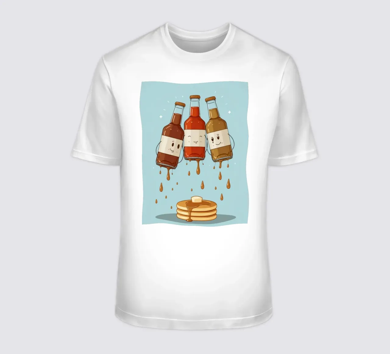 Simpatiche bottiglie che versano sciroppo sui pancake t-shirt da DesignDoodle
