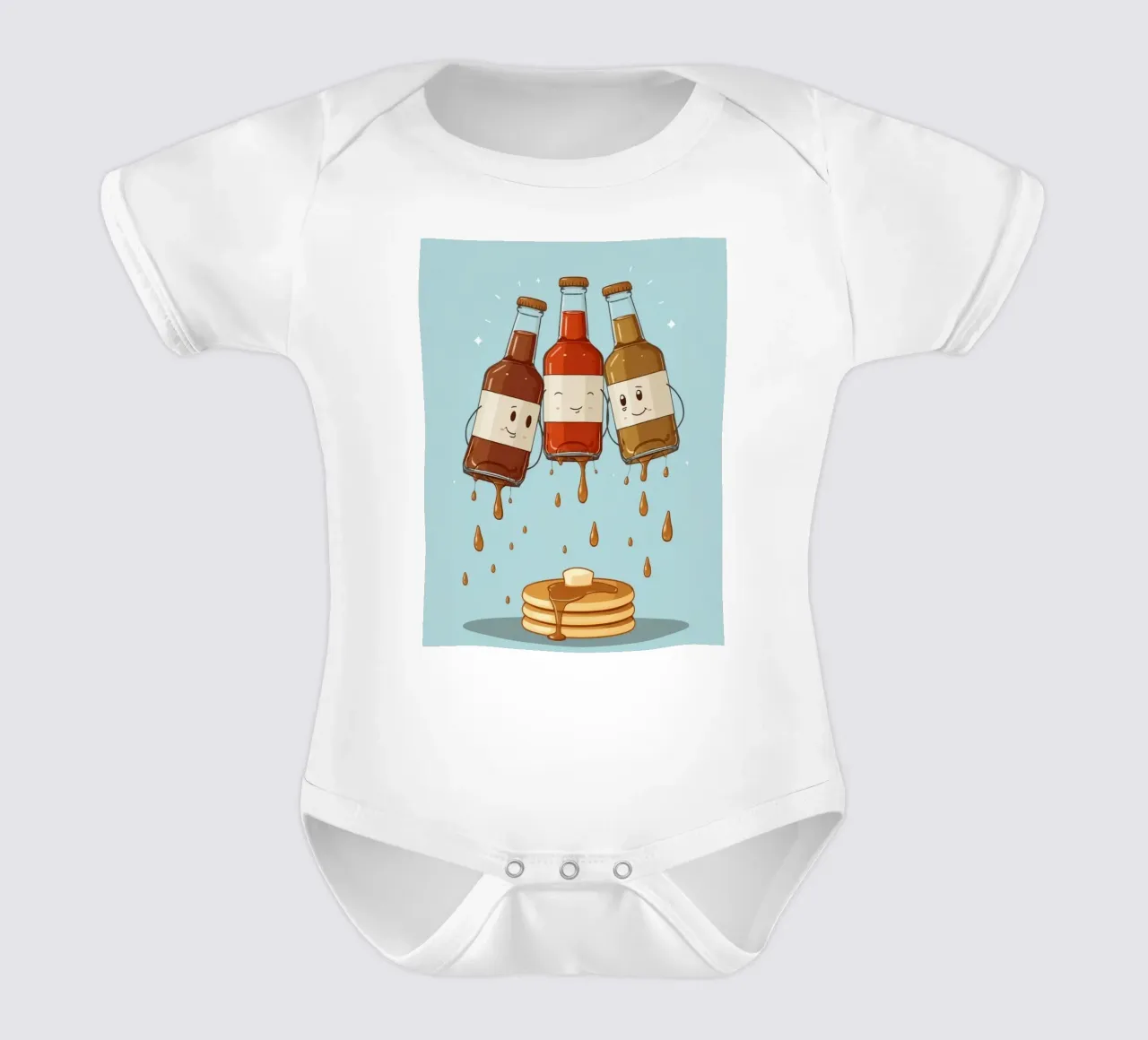 Simpatiche bottiglie che versano sciroppo sui pancake body neonato maniche corte da DesignDoodle