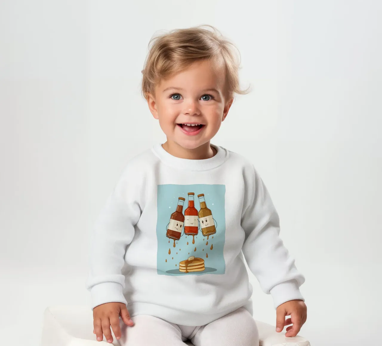 Simpatiche bottiglie che versano sciroppo sui pancake felpa neonato da DesignDoodle