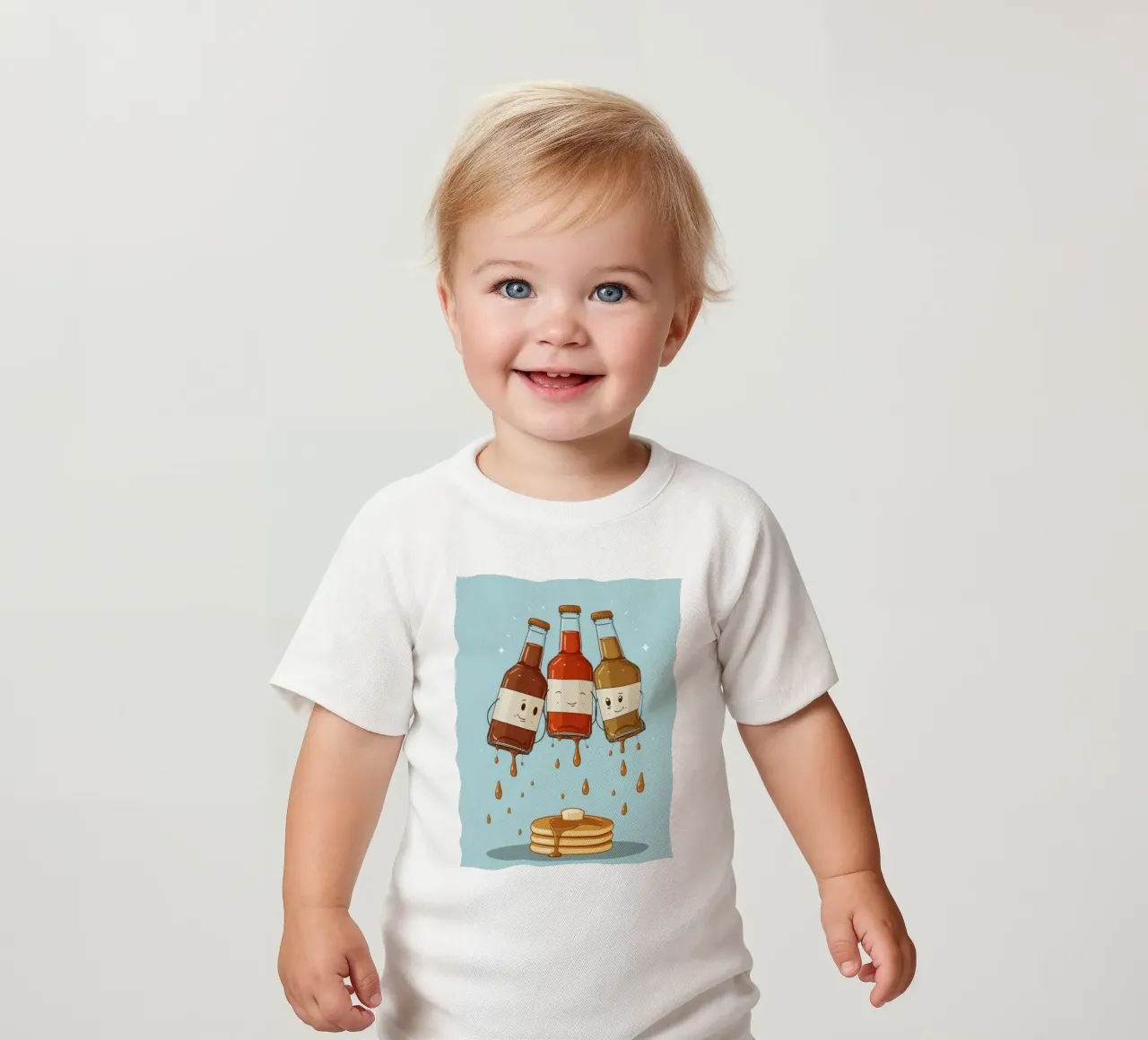 Simpatiche bottiglie che versano sciroppo sui pancake maglietta neonato da DesignDoodle