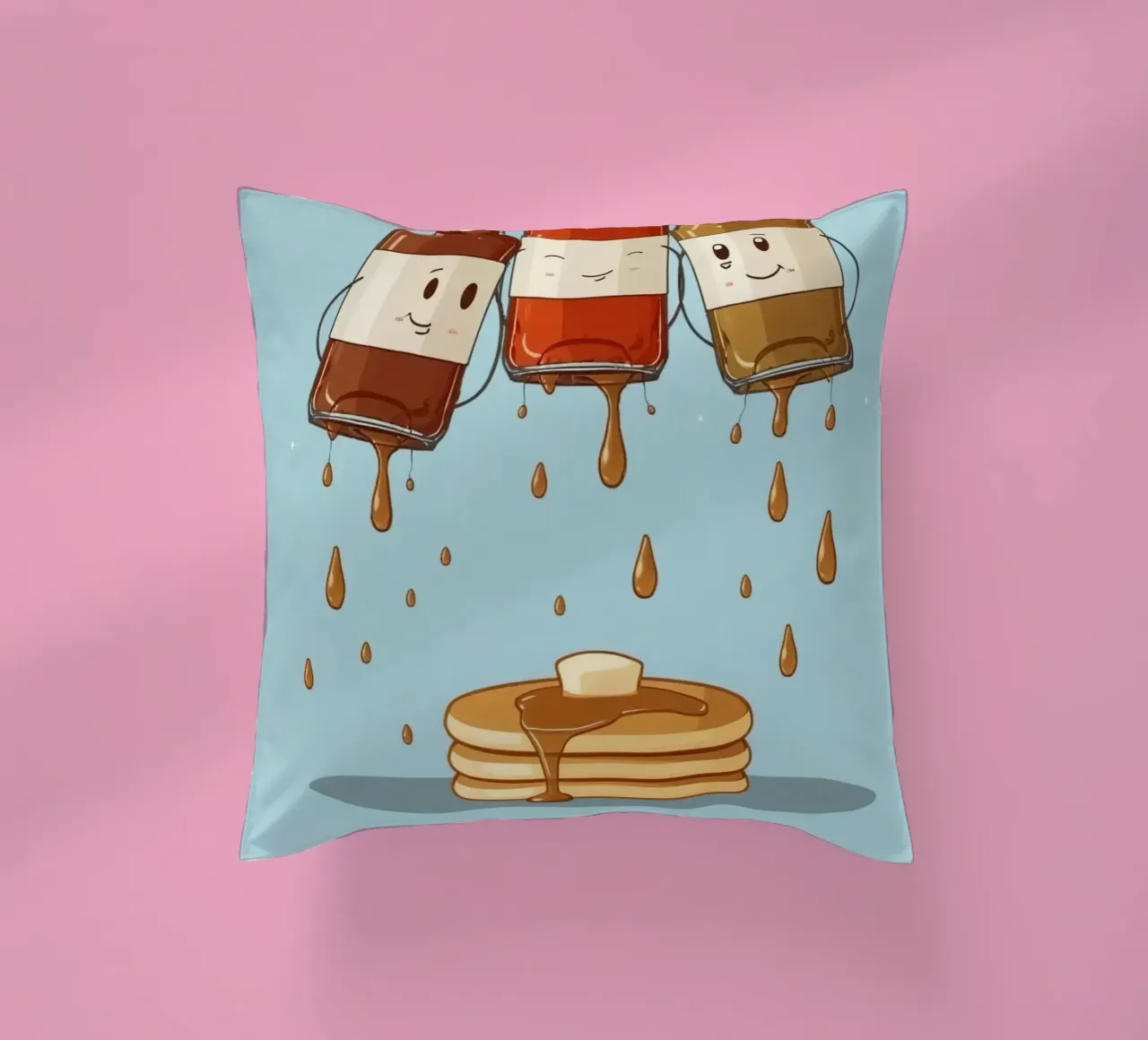 Simpatiche bottiglie che versano sciroppo sui pancake cuscino da DesignDoodle