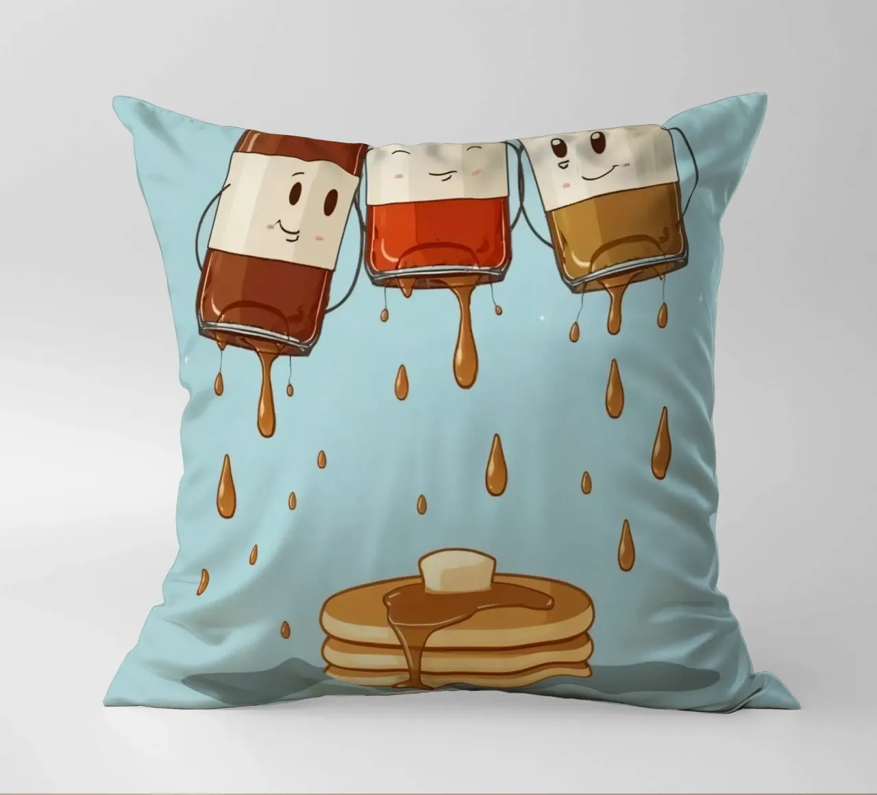 Simpatiche bottiglie che versano sciroppo sui pancake cuscino da DesignDoodle