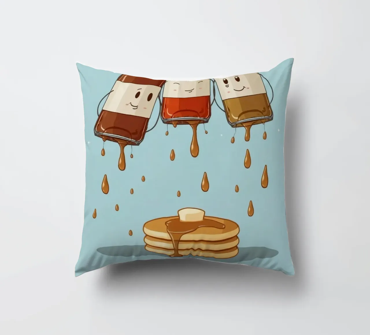Simpatiche bottiglie che versano sciroppo sui pancake cuscino da DesignDoodle