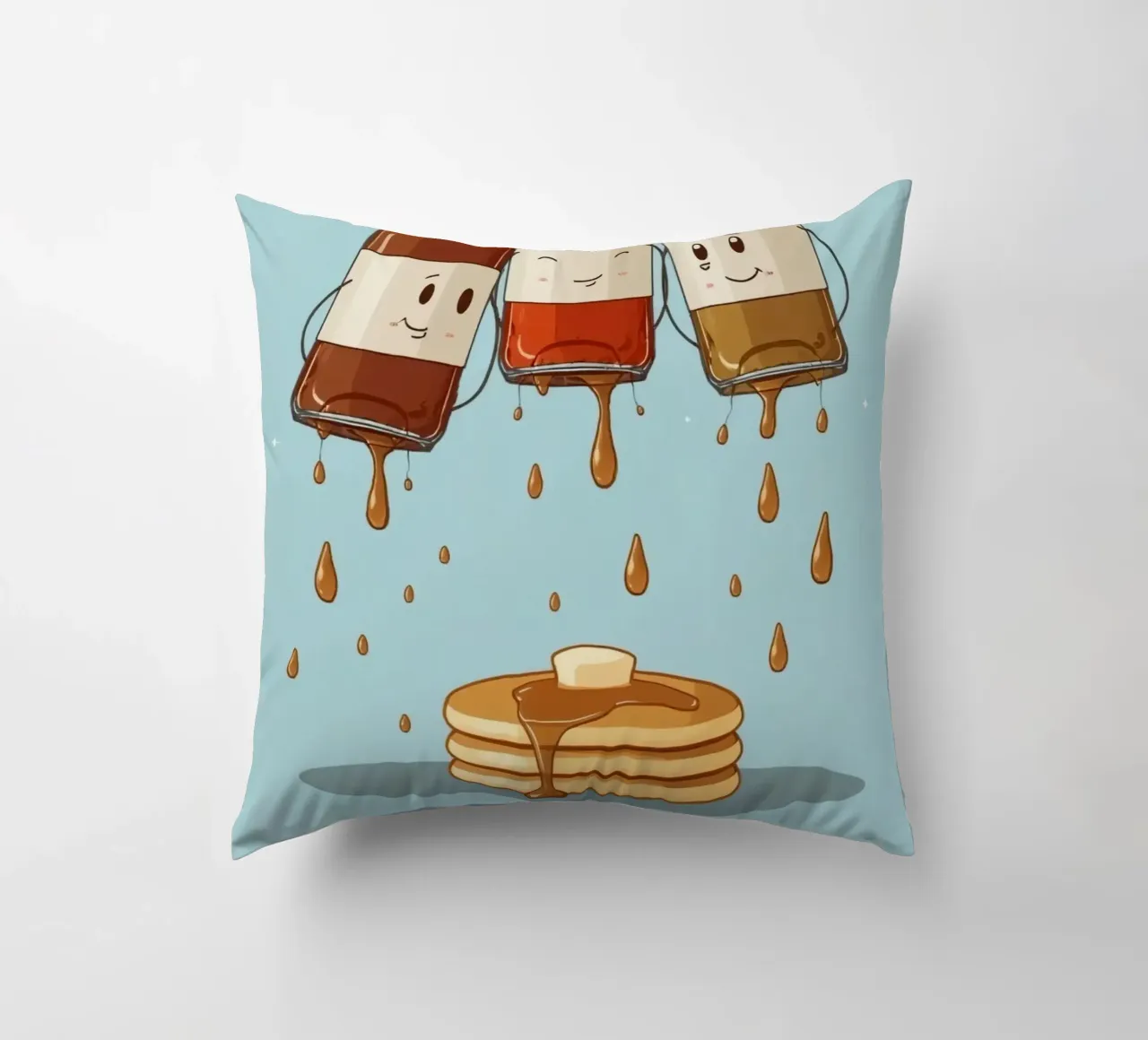 Simpatiche bottiglie che versano sciroppo sui pancake cuscino da DesignDoodle