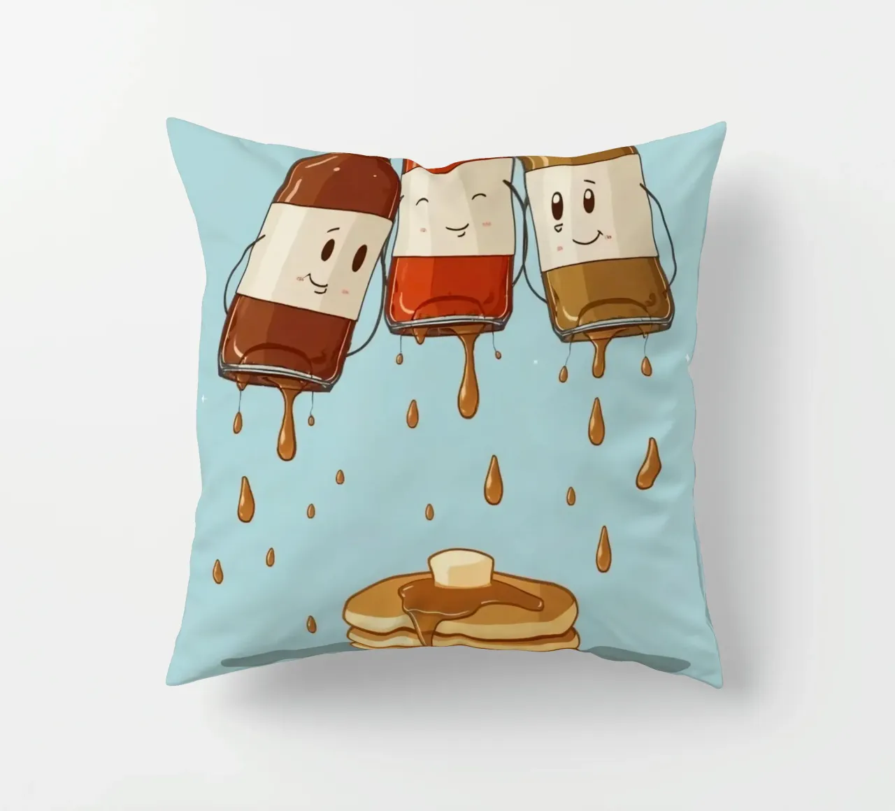 Simpatiche bottiglie che versano sciroppo sui pancake cuscino da DesignDoodle