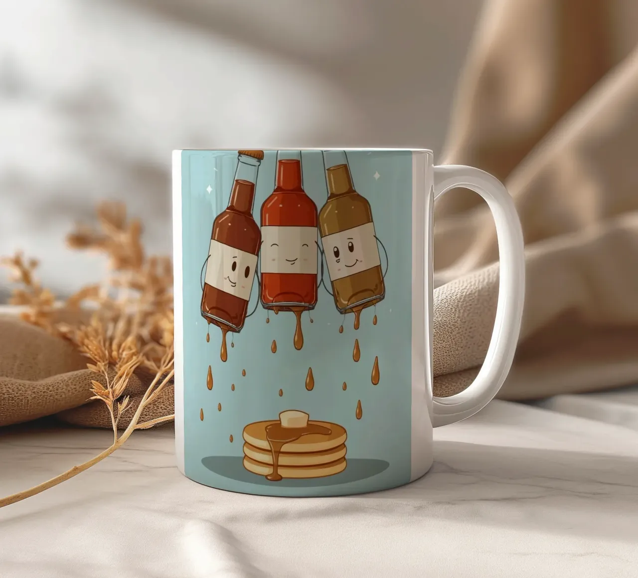 Simpatiche bottiglie che versano sciroppo sui pancake tazza in ceramica da DesignDoodle
