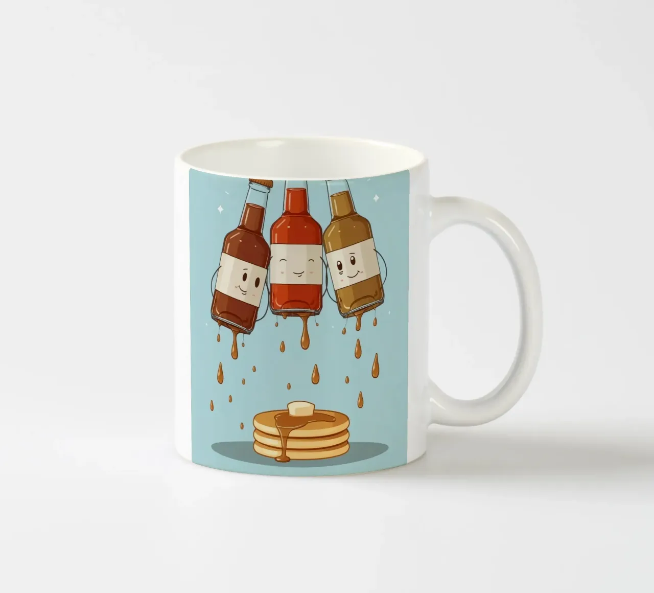 Simpatiche bottiglie che versano sciroppo sui pancake tazza in ceramica da DesignDoodle