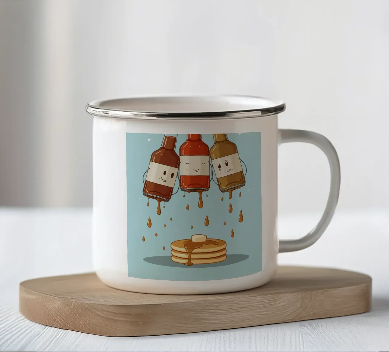 Simpatiche bottiglie che versano sciroppo sui pancake tazza in smalto da DesignDoodle