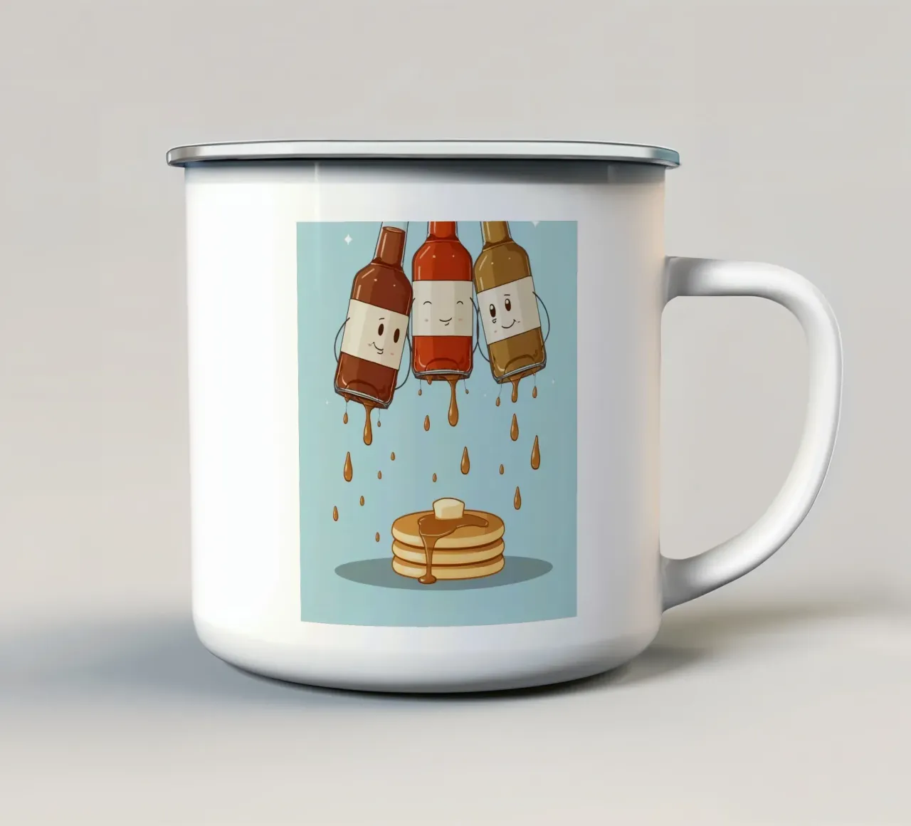 Simpatiche bottiglie che versano sciroppo sui pancake tazza in smalto da DesignDoodle