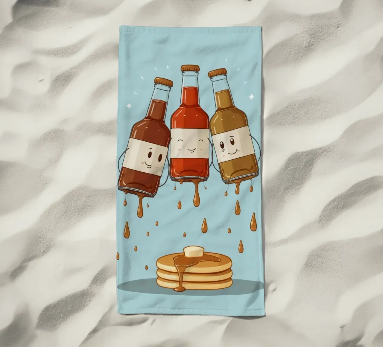 Simpatiche bottiglie che versano sciroppo sui pancake telo mare da DesignDoodle