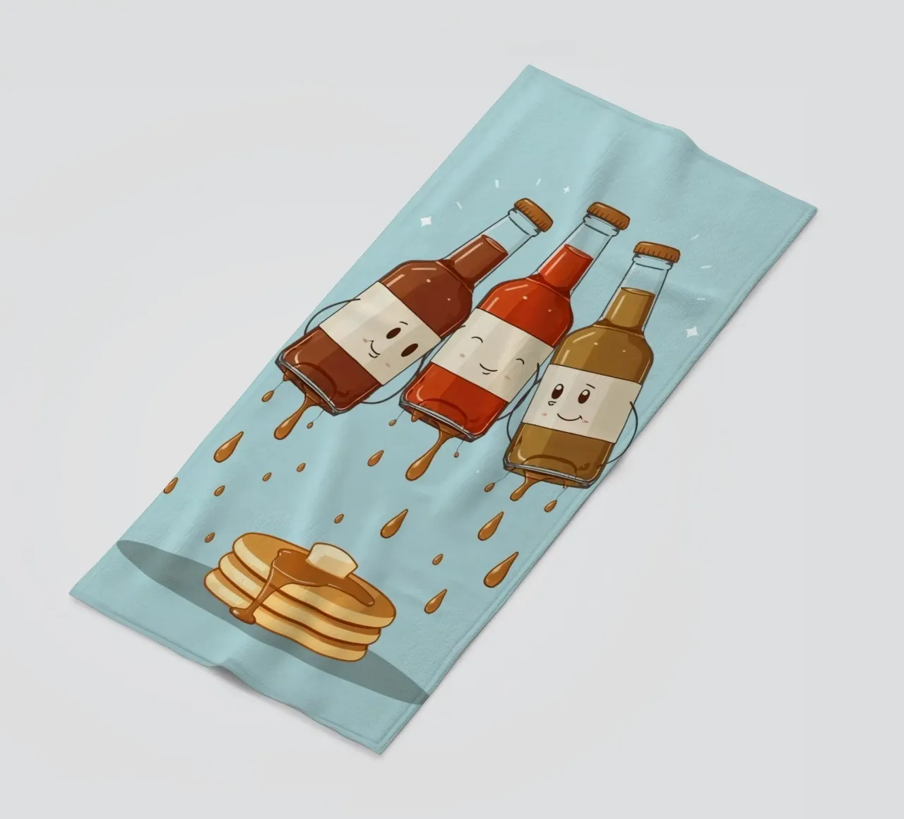 Simpatiche bottiglie che versano sciroppo sui pancake telo mare da DesignDoodle