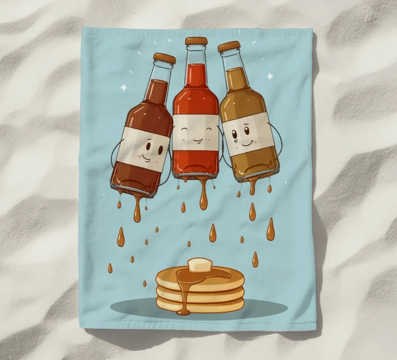 Simpatiche bottiglie che versano sciroppo sui pancake telo mare da DesignDoodle